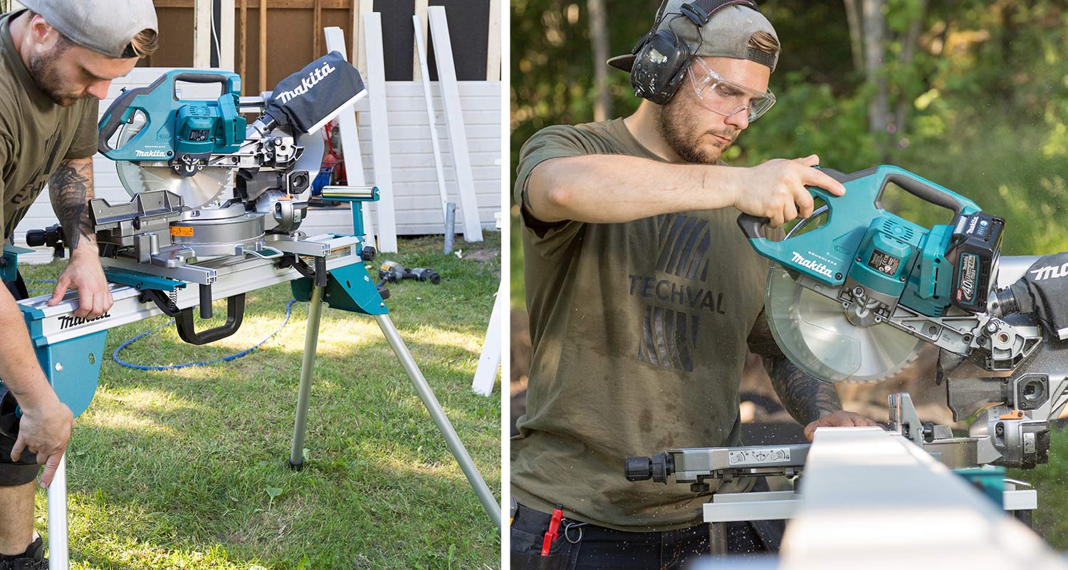 Ammattilainen testaa Makitan akkujiirisaha LS002GZ01 XGT -mallia Makitan jiirisahajalustan ja akkupaketin kera lankun sahauksessa työkohteen pihamaalla