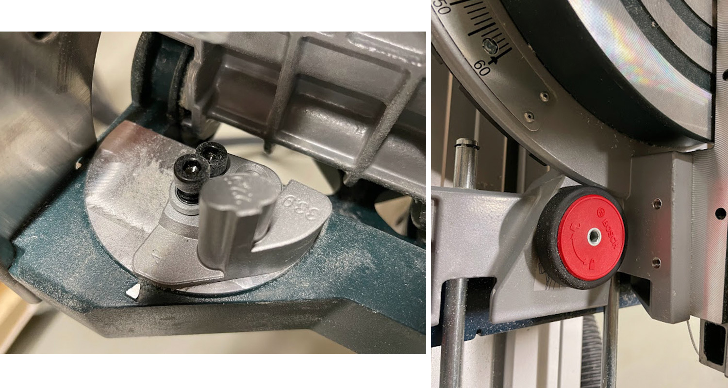 Lähikuvaa akkukatkaisu- ja jiirisaha Bosch GCM 18V-216 DC Solon yksityiskohdista