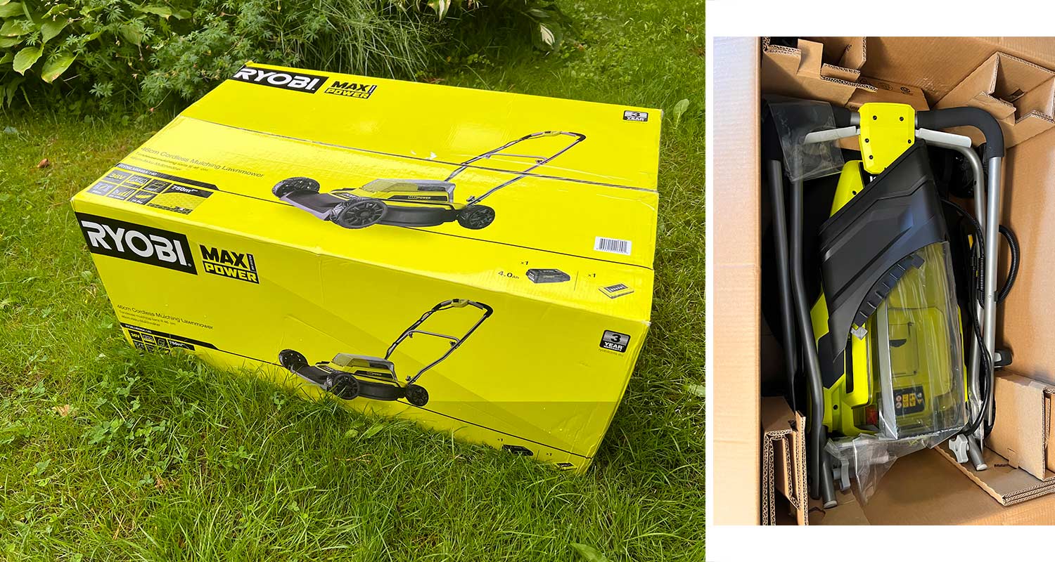 Ryobin akkuruohonleikkuri RY36LMM46A-140 tuotetestissä, pakkaus kiinni ja avattuna