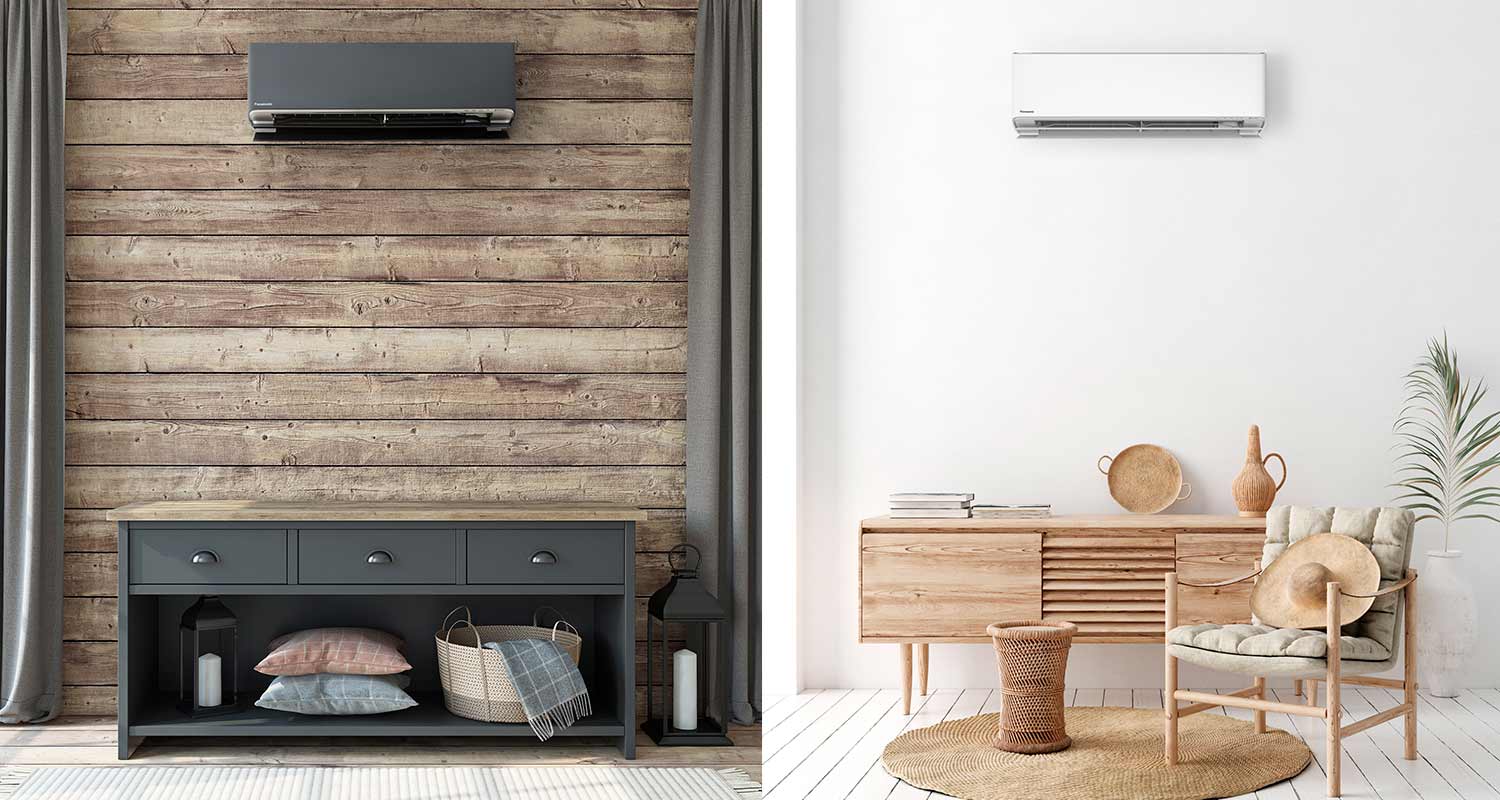 Ilmalämpöpumput asunnon sisäseinässä, vasemmalla harmaa puuseinässä ja oikealla valkoinen sisäyksikkö valkoista seinää vasten. K-Raudasta löydät ilmalämpöpumput asennuksen kera. 