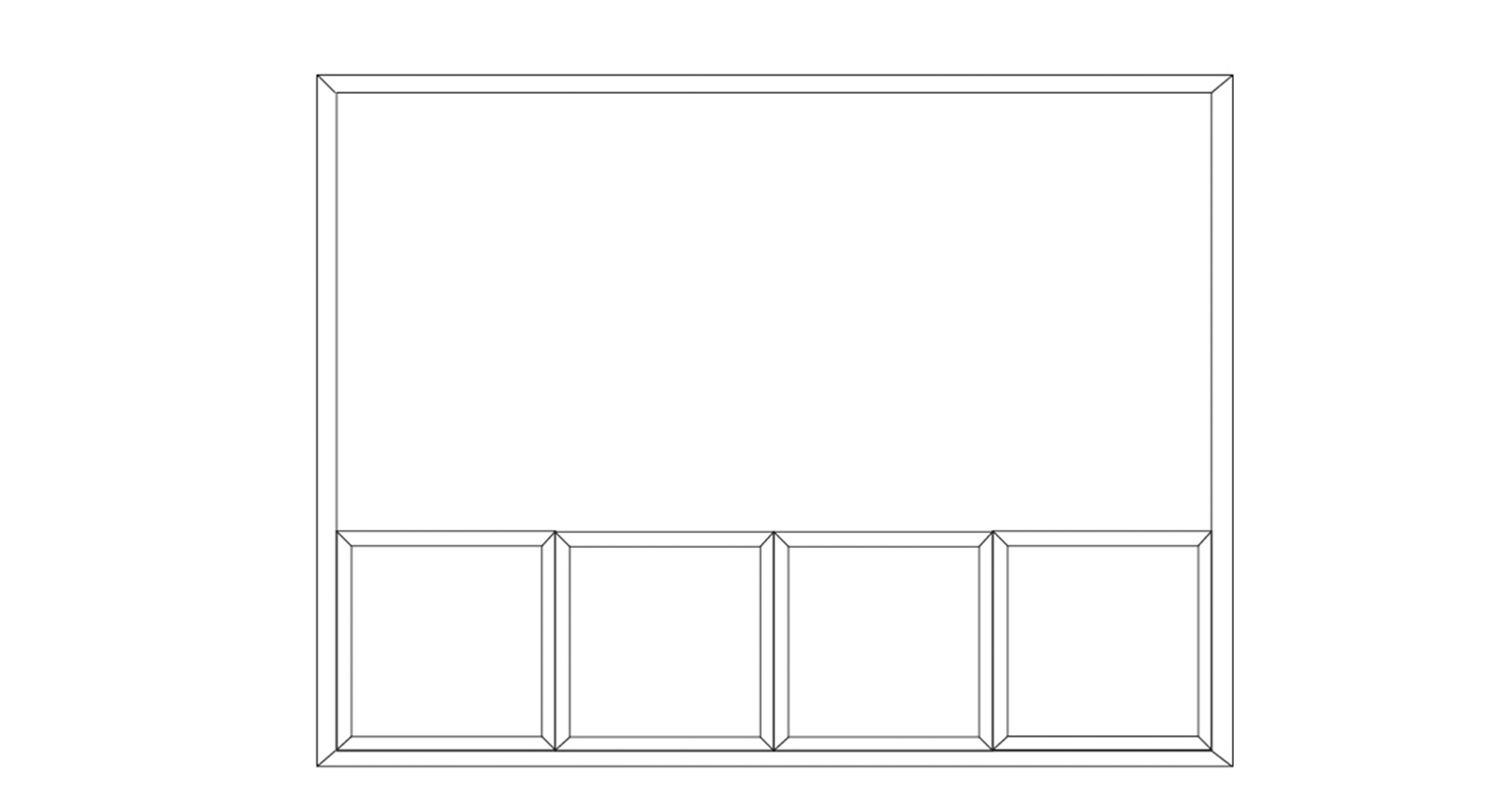Viivapiirros: yläreunassa leveä suorakulmio, alhaalla neljä vierekkäistä neliötä.
