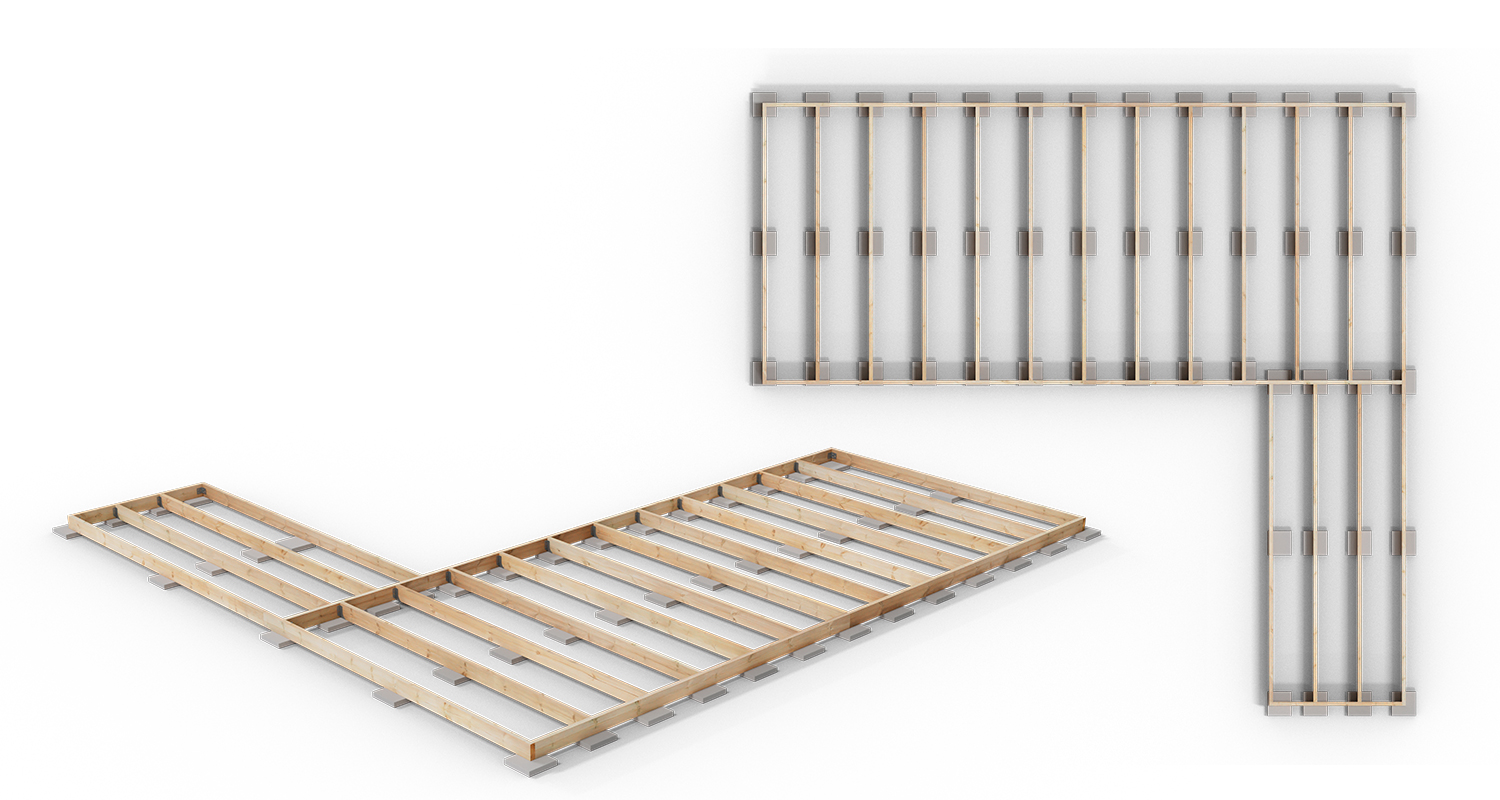 Valkoisella taustalla L-muotoinen vaalea puulattiarunko harmailla betonipenkeillä