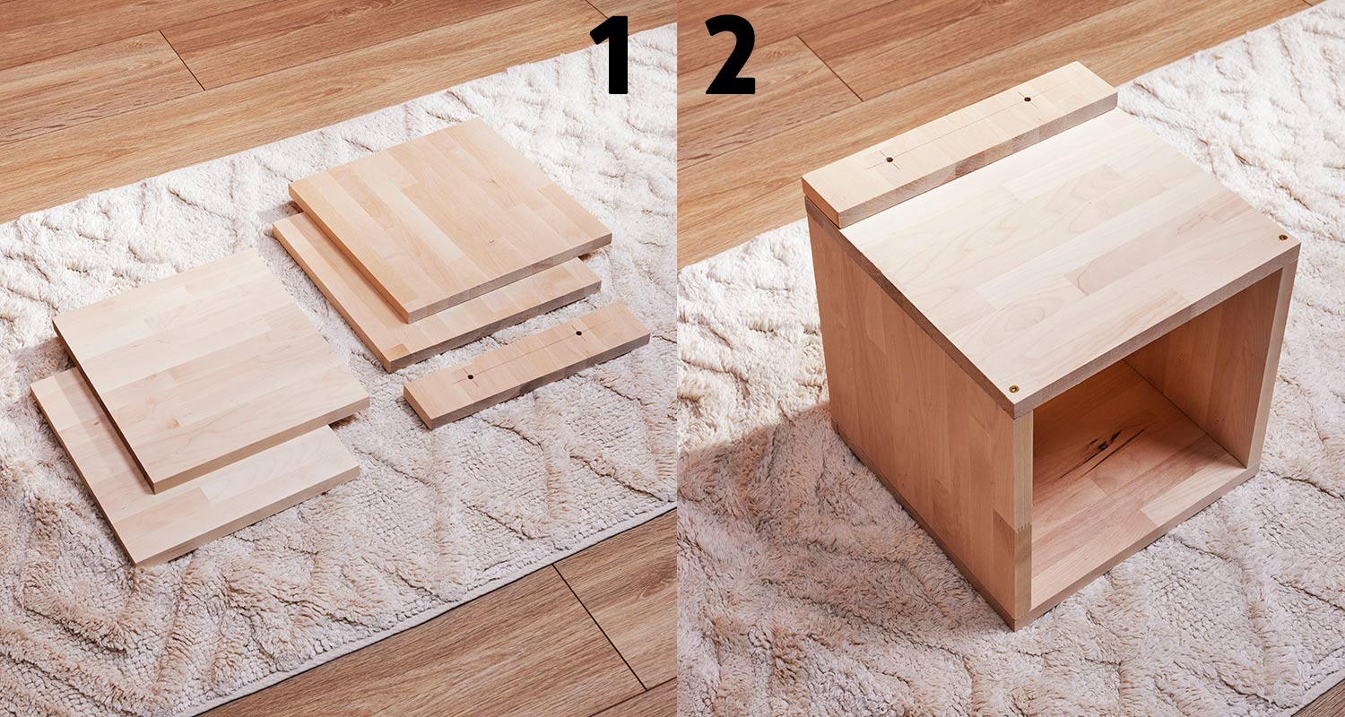 Kirjahyllyn teon 1. ja 2. työvaihe. Kirjahylly rakentuu liimapuulevyistä. 