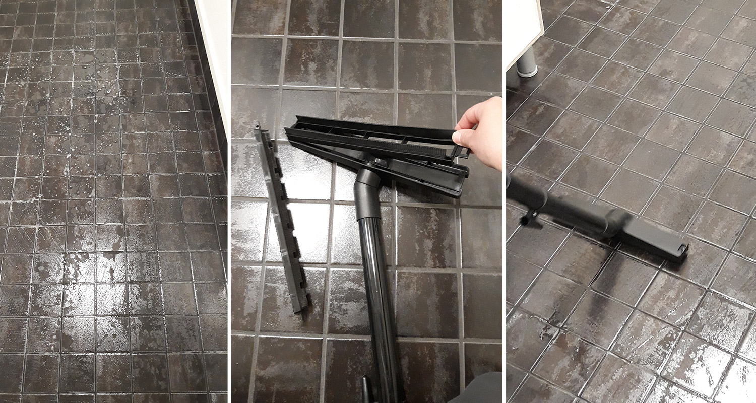 Nilfisk Buddy märkä-kuivaimurin märkätoiminnon testaus laattalattiaan