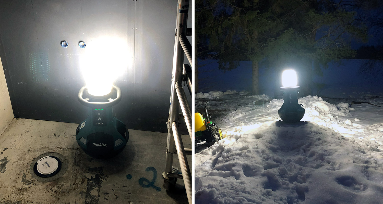 Makitan työmaavalaisin K-Raudasta noudettuna testissä sisällä ja ulkona.