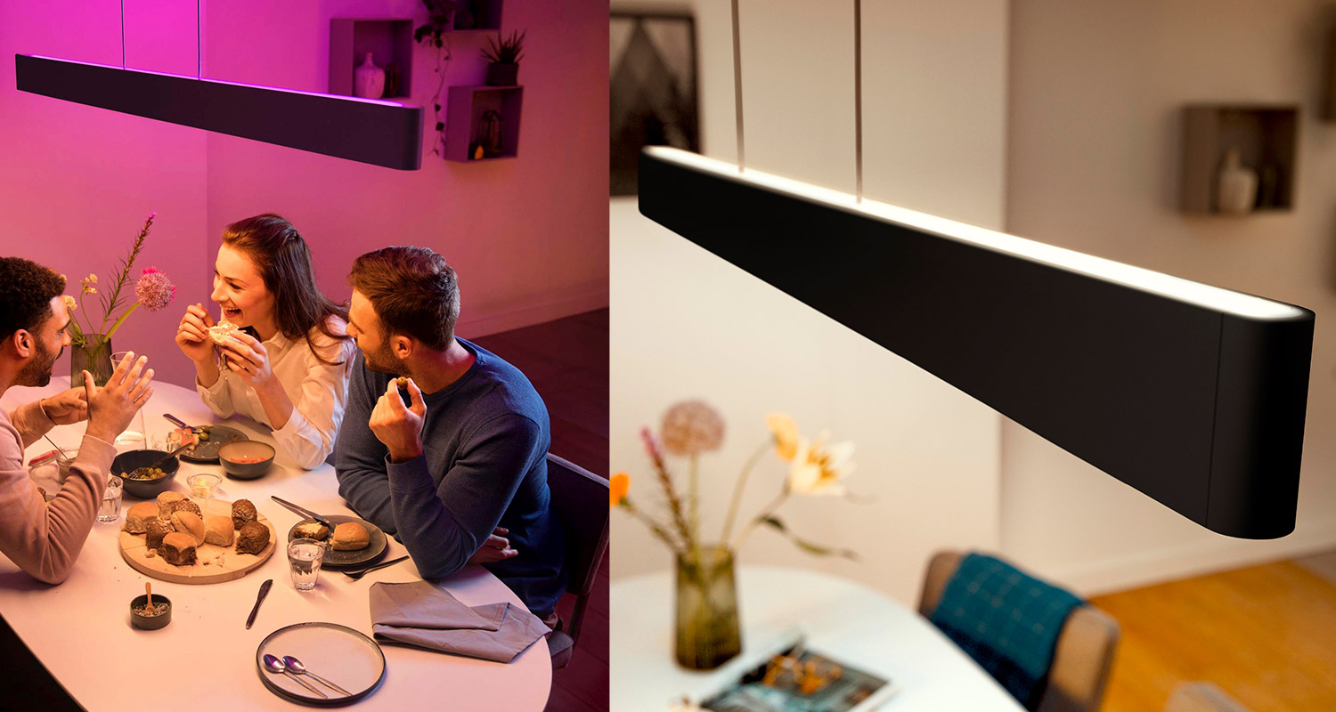 Kuvassa pelkistetty riippuvalaisin Philips Hue Ensis musta, jonka avulla säädät helposti tilan tunnelmaa valon värisävyä vaihtamalla.