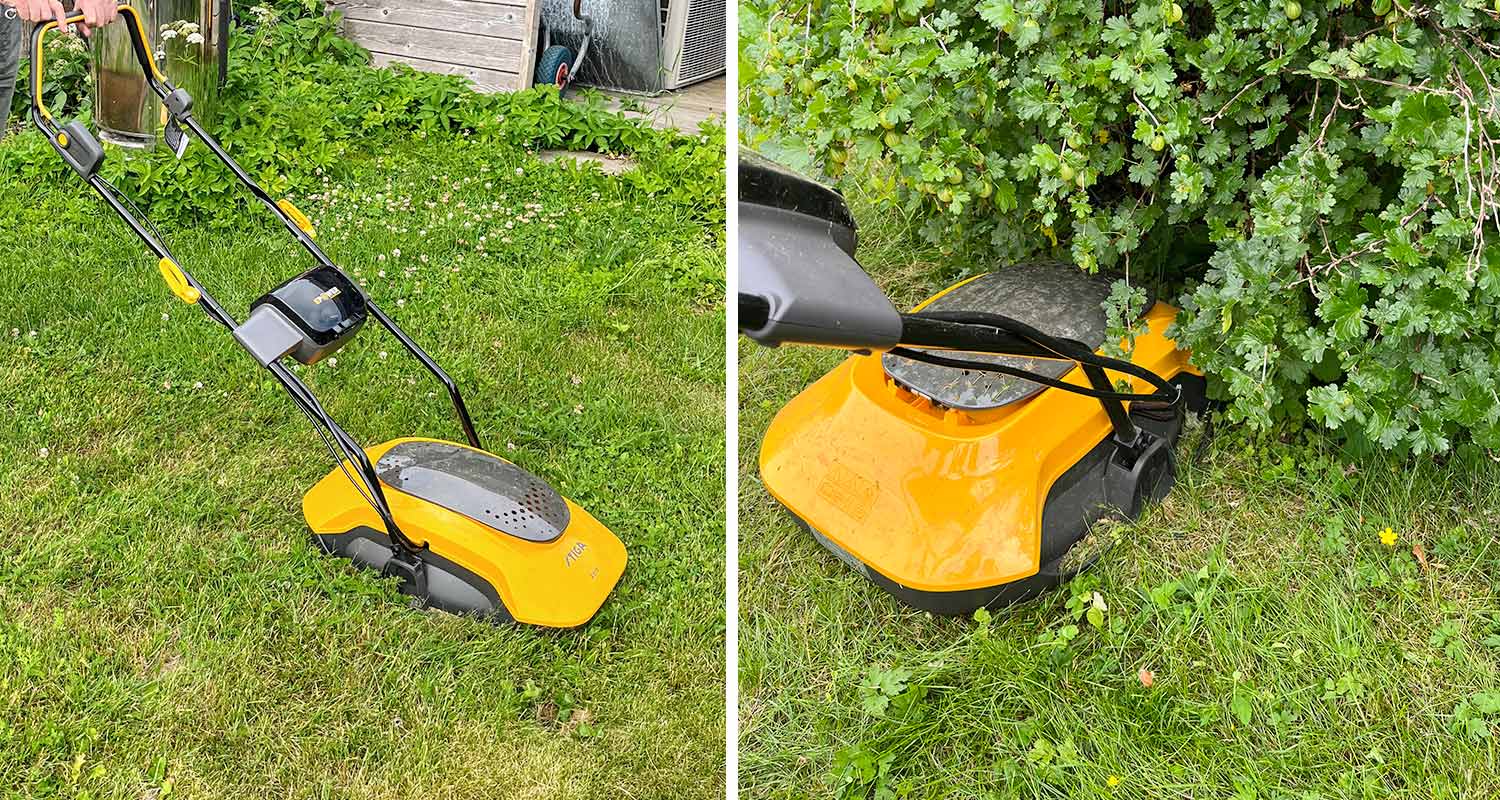 Tuotetestin tulos kuluttajalta Stiga Aero leijuvasta ruohonleikkurista, leikkuri hommissa pihamaalla