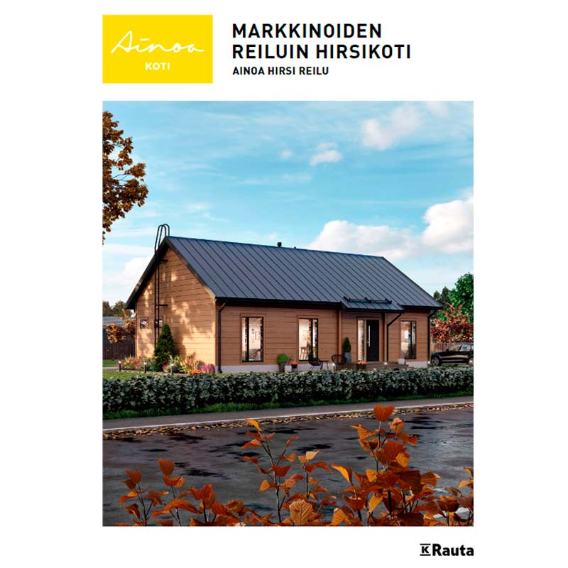 Beige hirsitalo mustalla harjakatolla, edessä vihreä pensasaita ja oranssit syyslehdet.