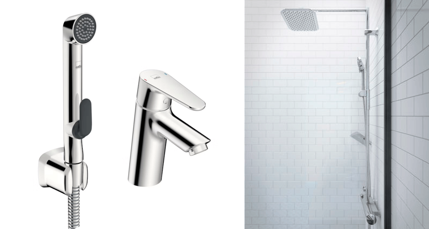 Krominen hana ja käsisuihku sekä yläsadesuihku valkoisissa laattaseinissä.