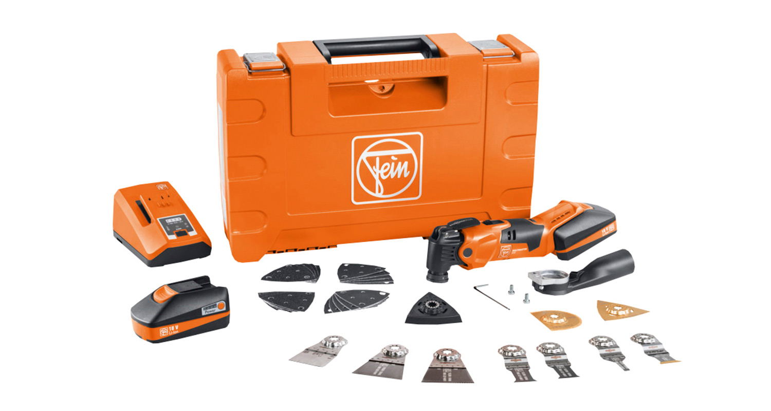 Oranssi FEIN-akkukäyttöinen monitoimityökalu, laturi, akut, terät ja kuljetuskotelo