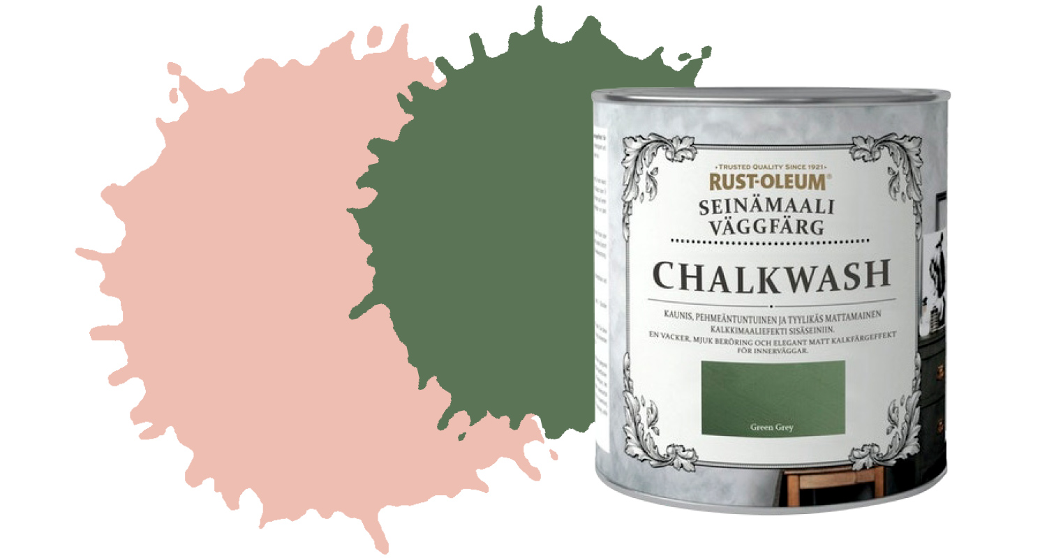 Tikkurilan roosa maalisävy H320 Magnolia. Mattapintainen Rust-Oleumin kalkki­maali väri Green Grey K-Raudasta