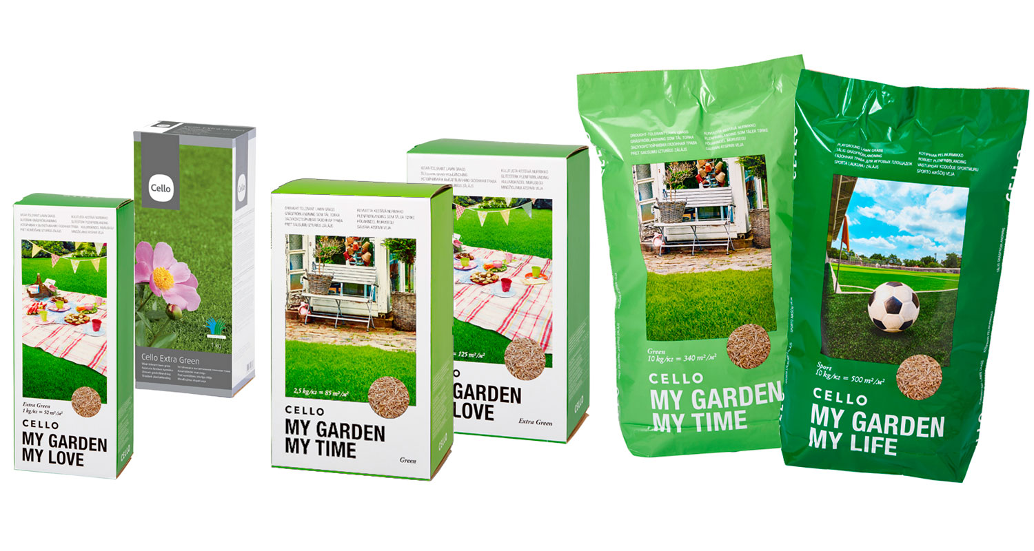 Viisi vihreää Cello-ruohonsiemenpakkausta, joissa nurmikkopicnic, puutarhapenkki ja jalkapallo