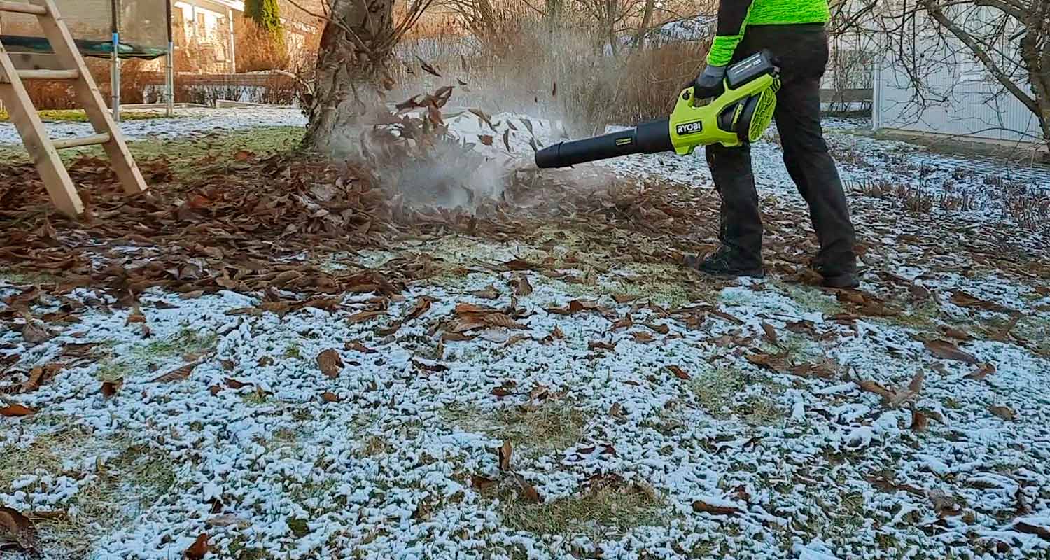Ryobin RY36BLXB-0 MAX POWER 36V -mallin puhallin ja lehtien puhaltaminen puhaltimella käynnissä omakotitalon pihamaalla