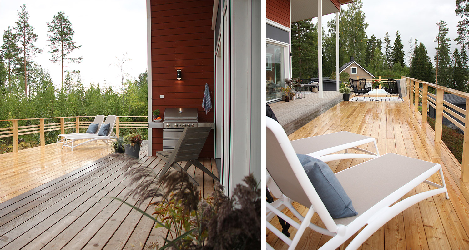 Huvila & Huussi -ohjelmassa Tuomas Kyrön mökkipiha remontoitiin täydellisesti K-Raudan avulla, Kuvassa uusittu terassi ja kalusteet