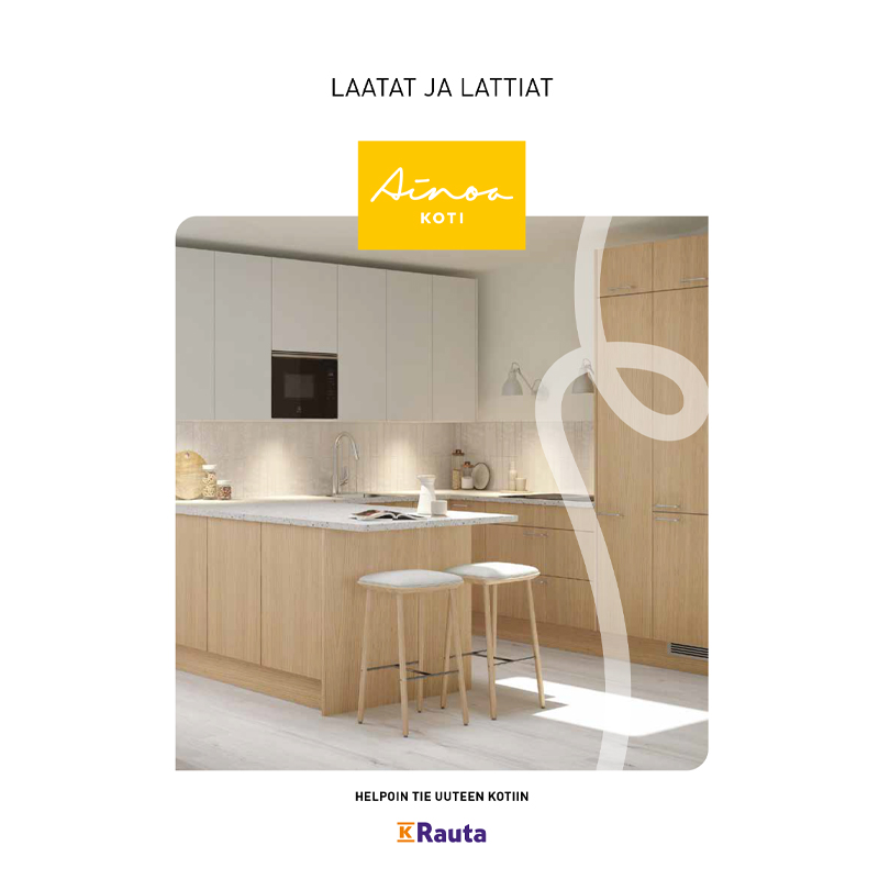 Kuvassa Ainoakoti esitteen kansi. Kannessa kuva vaalean puun värisestä keittiöstä.