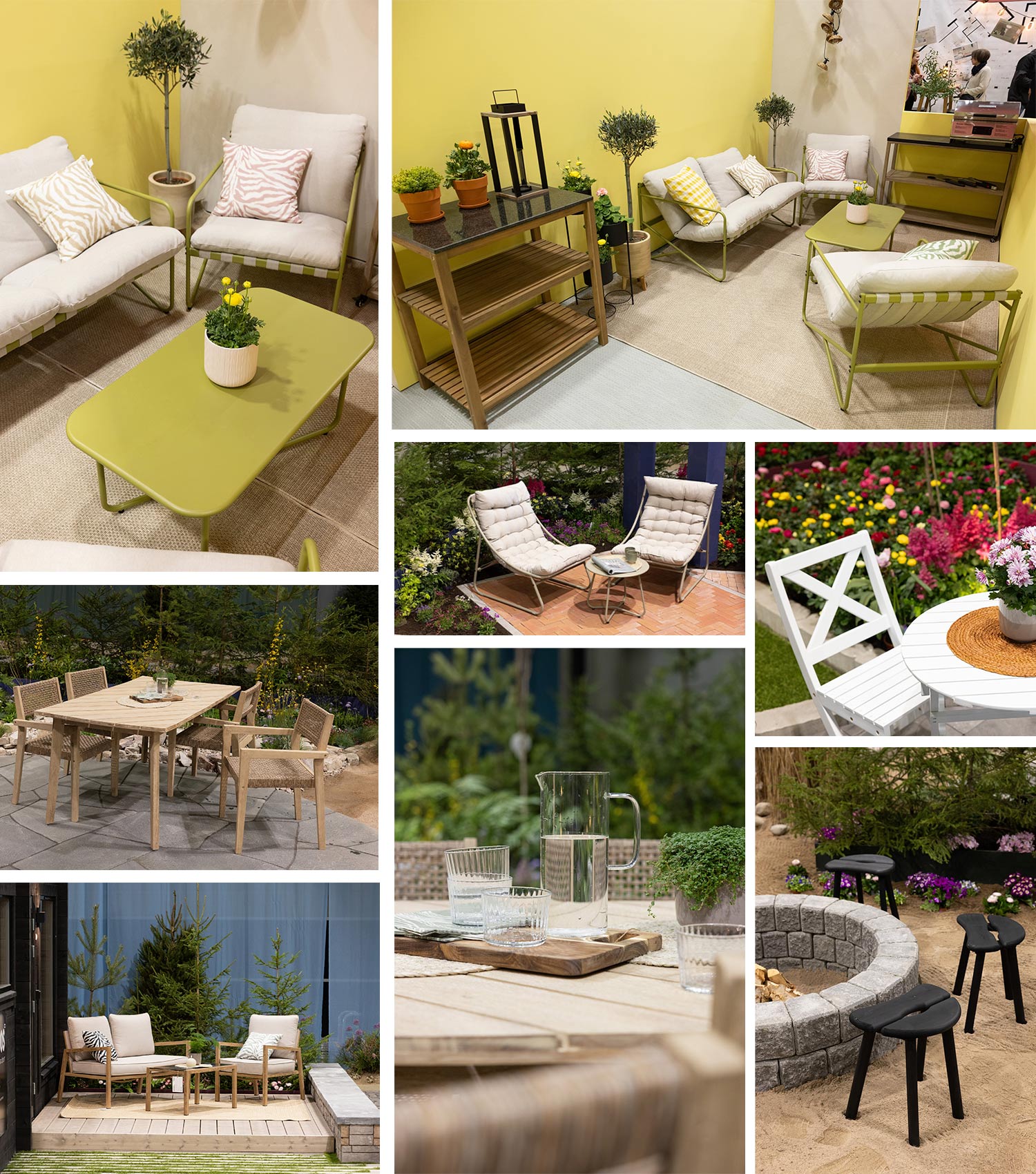 K-Raudan osastot Kevätmessu 2025-tapahtumassa. Kollaasissa kuvia K-Raudan tuotteista.