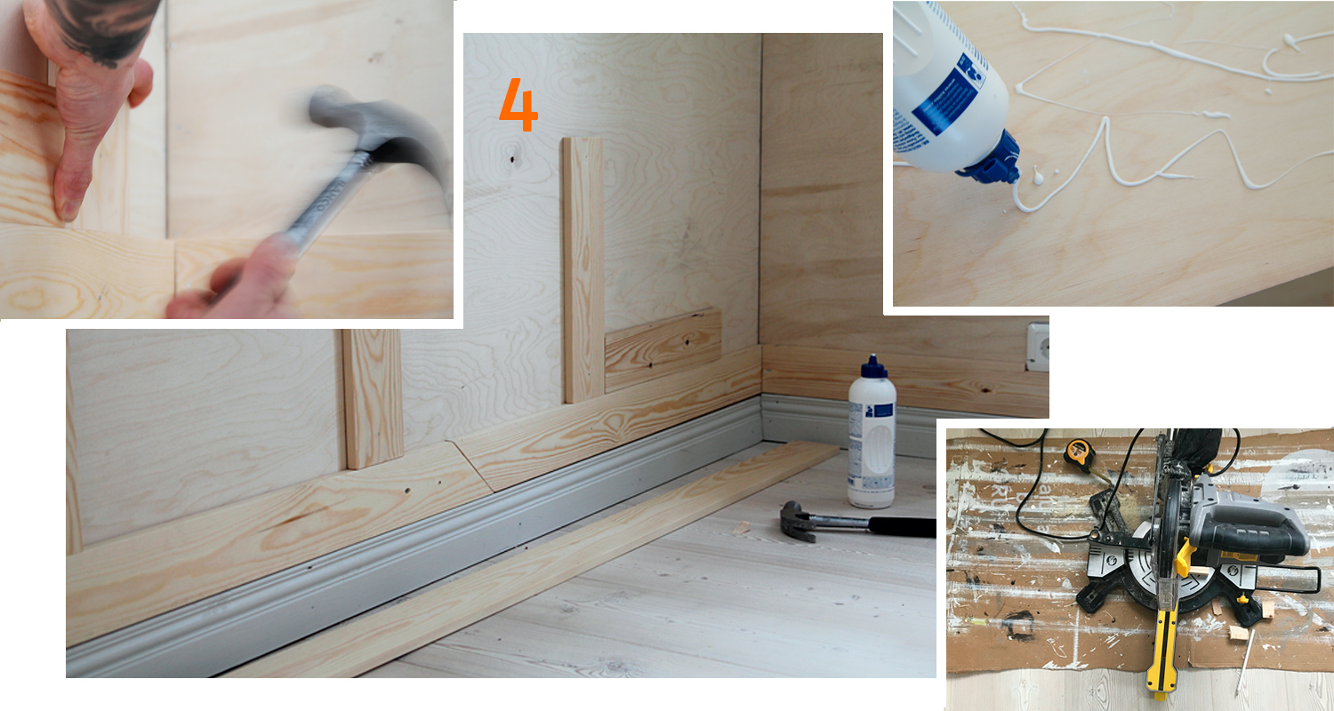 Vaalea puupaneeliseinä harmaalla jalkalistalla, vasara, liimapullo ja sirkkeli työvaiheessa