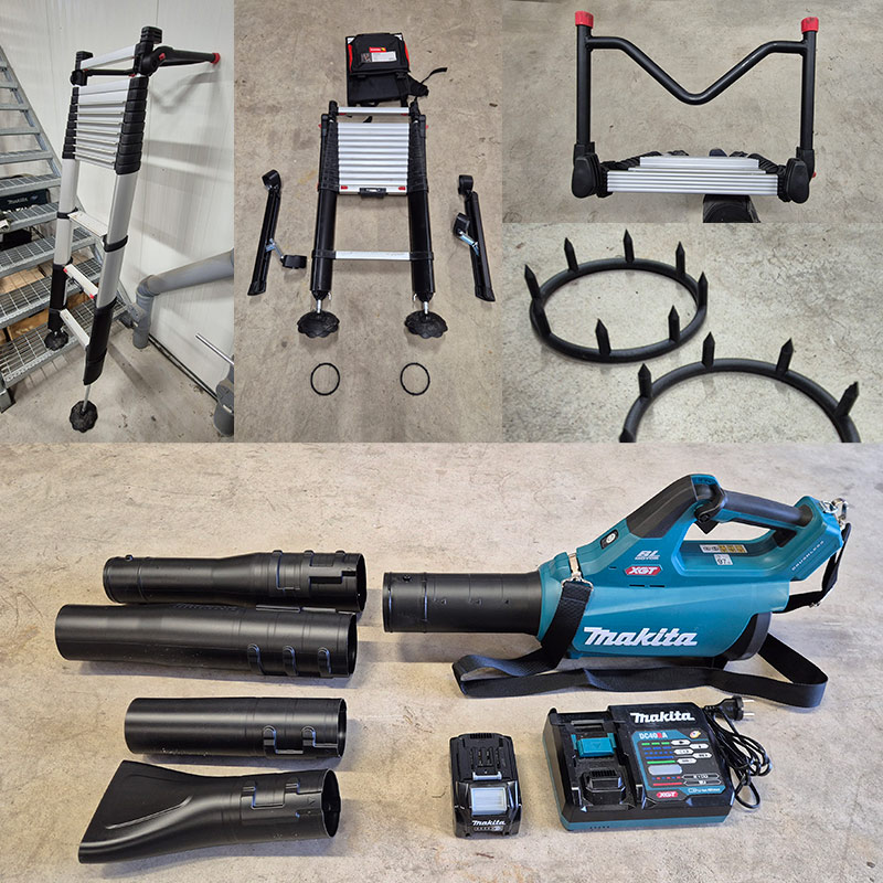 Kollaasikuva, jossa tarvikkeet sekä Telesteps Prime Line -tikkaat, ylätuki, tukijalat, maapiikit ja reppu, sekä Makita UB001GZ 40V XGT -puhallin. Kaikki tuotteet esillä yhdessä kuvassa. Tuotteita myy K-Rauta.