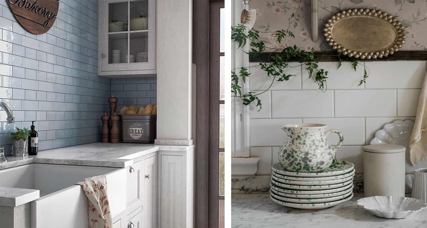 Maalaisromanttinen sisustus. Kuvassa kaksi erilaista keittiötä, joissa on maalaisromanttinen sisustus.