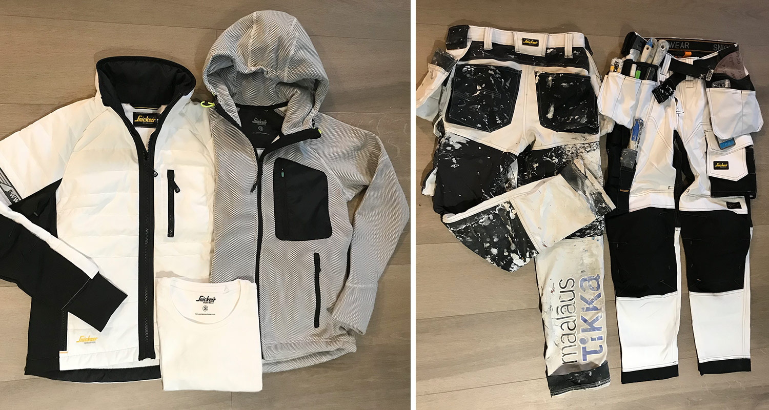 Kuvassa ammattilaisella testissä Snickers Workwear -työvaatteet: talvitakki, fleece-huppari, t-paita ja työhousut. Tuotteet K-Raudan valikoimista!