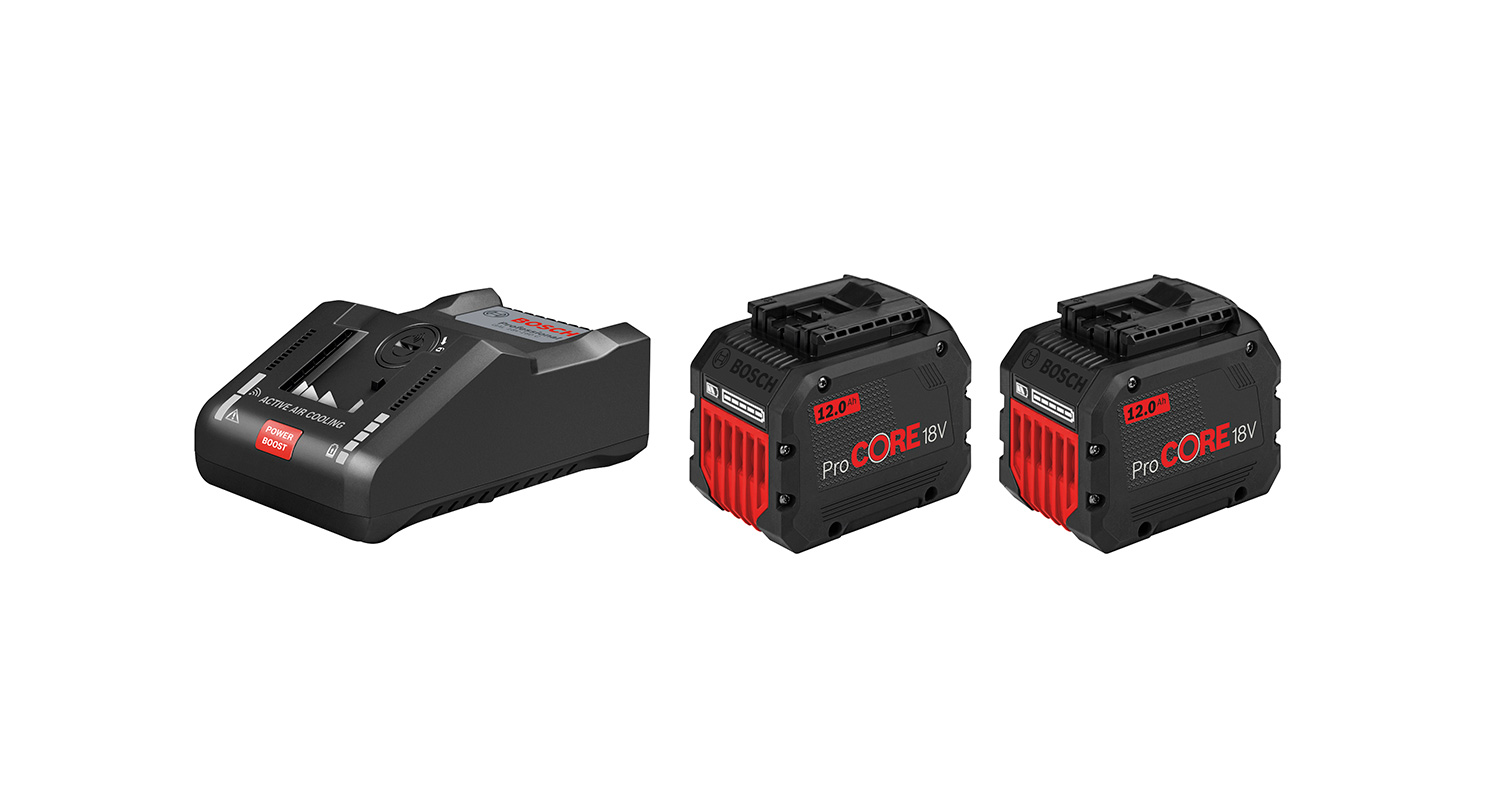 Kuvassa aloituspakkaus Bosch ProCore 18V 2x12,0Ah + GAL 18V-160 C, myynnissä K-Raudassa