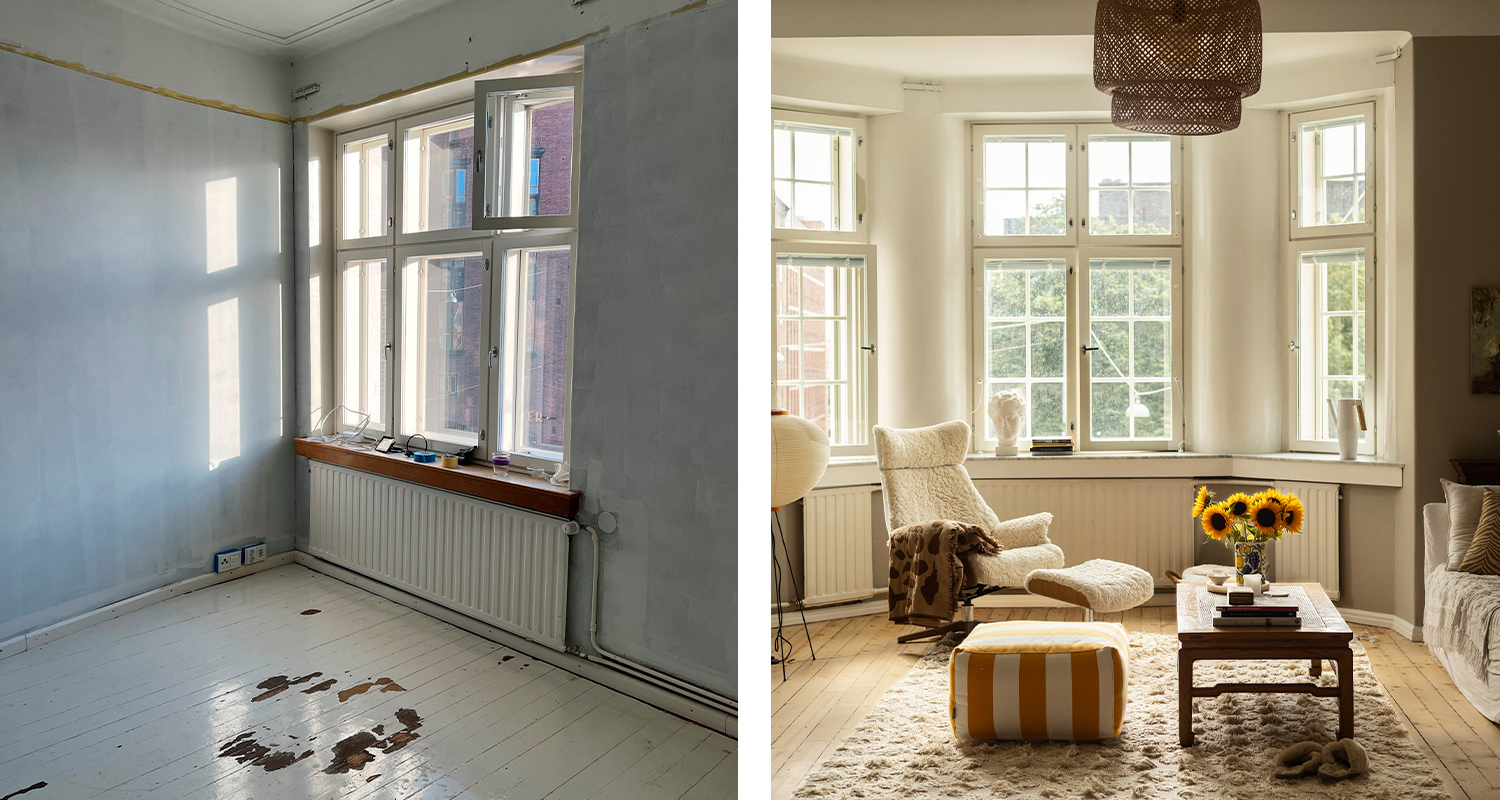 Eeva Kolu remontoi vanhan asunnon, jossa oli tupakoitu. Kuvassa asunto ennen ja jälkeen.