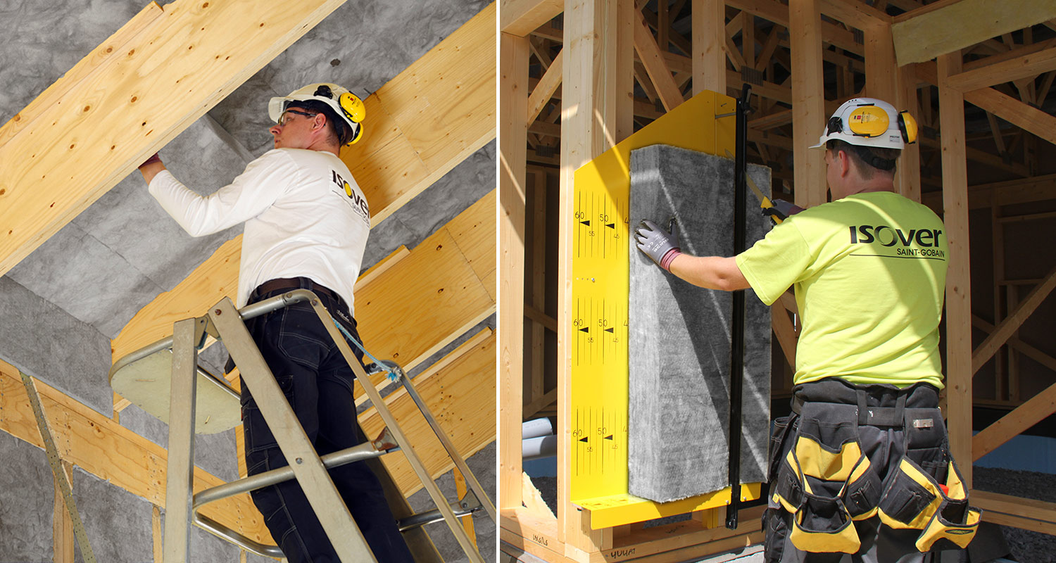 Asentajat asentamassa Isover Premium 33 eristevillalevyä talon rakenteisiin