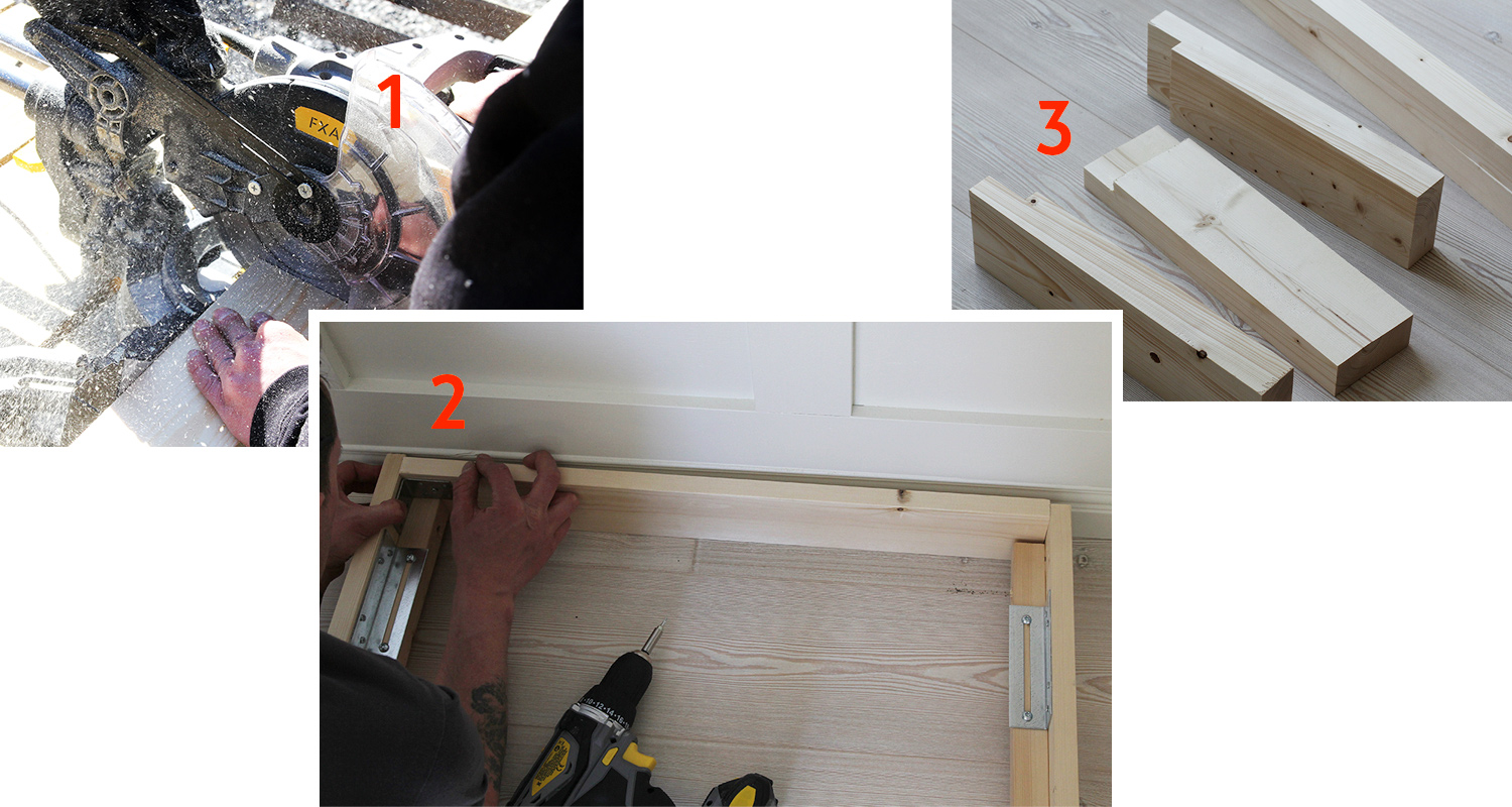 Kolmiosainen kuva: musta-keltainen pyörösaha, puurunko porakoneella, vaaleat sahapalkit