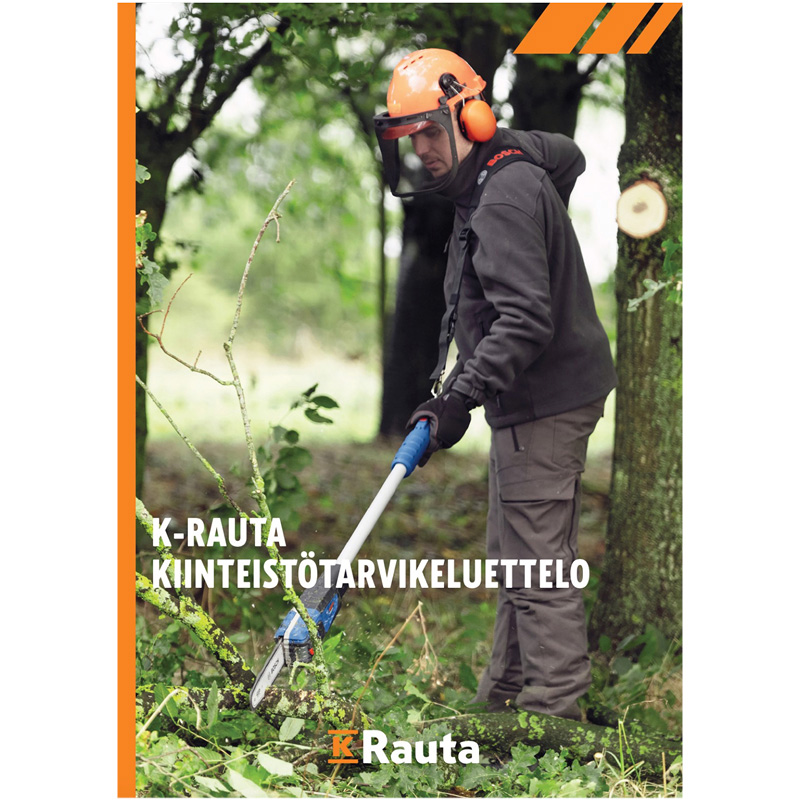Kuvassa Kiinteistötarvikeluettelon uusi kansi. Esitteen kansikuvassa henkilö tummissa vaatteissa raivaa risukkoa.