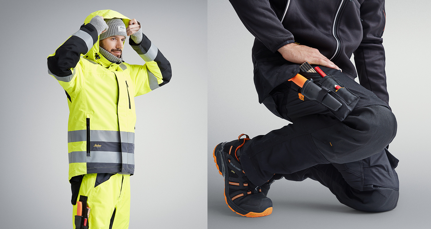 Snickers huomiotalvitakki ja mustat työhousut työmiehellä