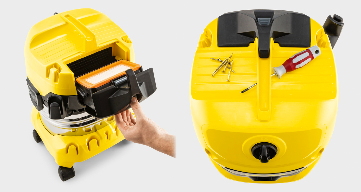 Keltainen märkäkuivuri, käsi irrottaa etuosan suodattimen, päällä ruuveja ja punavalkoinen meisseli.