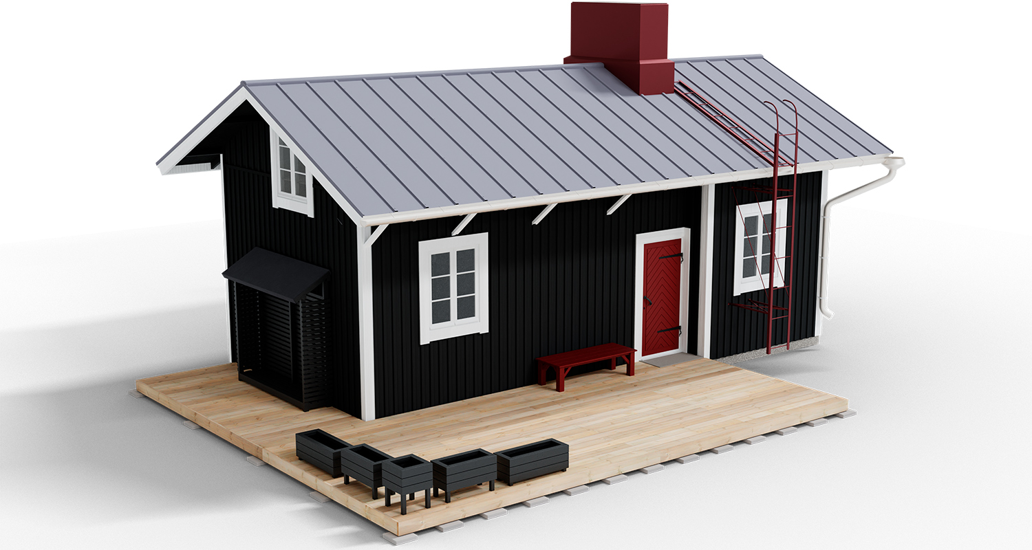 Mustan puutalon harmaalla katolla, valkoiset ikkunat, punainen ovi ja piippu puisella terassilla