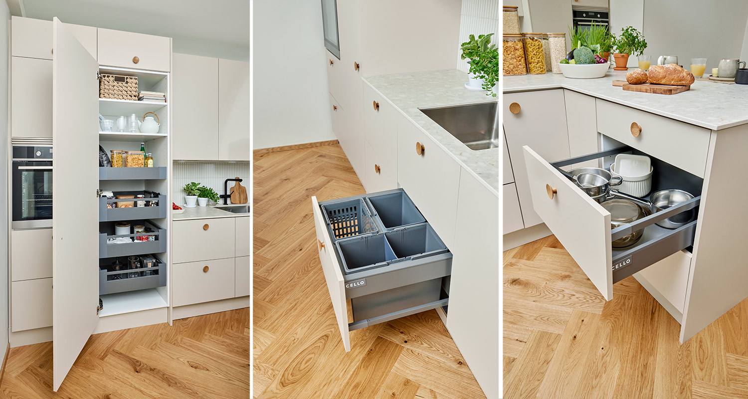 Keittiökaappeja avattuna. Kuvan keittiö hankittiin K-Raudasta Cello-keittiön valikoimista, samoin muut keittiön pintamateriaalit löytyvät K-Raudasta.