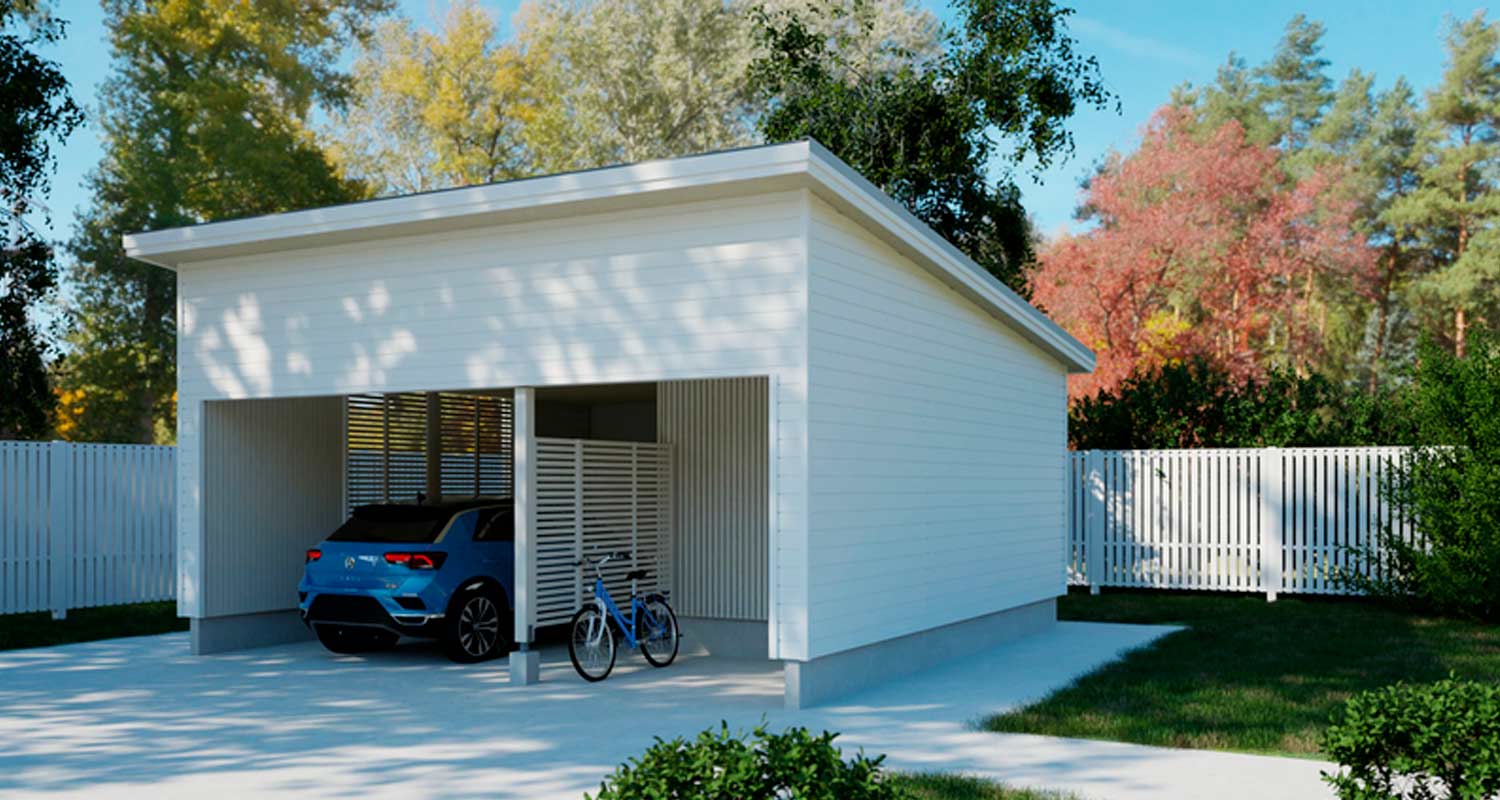 Valkoinen puukatos sinisellä autolla ja pyörällä, nurmikkoa ja syksyisiä puita taustalla.