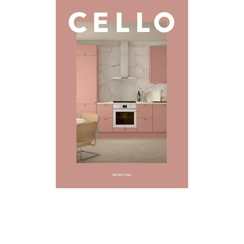 Cello-kansi: pastelliroosa keittiö marmoriseinällä, valkoinen uuni ja rosteriliesituuletin