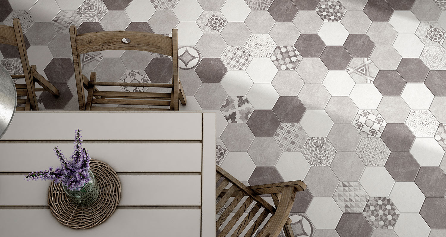 Cellon Hexatile Cement on kuusikulmainen lattialaatta eri sävyissä ja kuvioilla. 