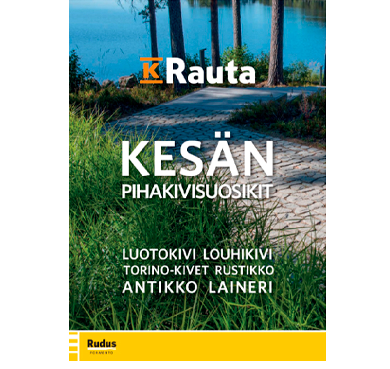 Järvenrantainen harmaa kivipolku vehreässä maisemassa, päällä tekstit K-Rauta Kesän pihakivisuosikit