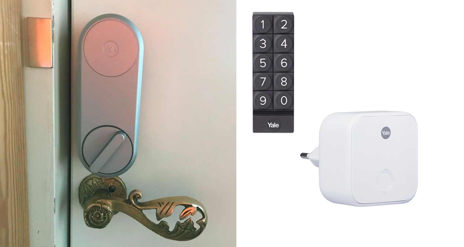 Yale Linus älylukko ulko-oveen asennettuna sekä näppäimistö Yale Smart Keypad ja Wifi-moduuli Yale Connect Wifi Bridge, tuotteet myynnissä K-Raudassa