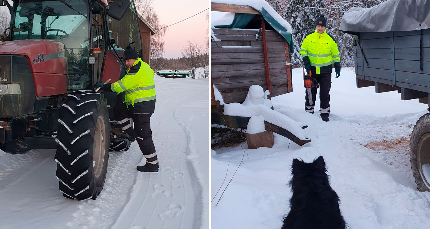 Testaaja K-Raudan PROF-työvaatteet päällä maataloushommissa