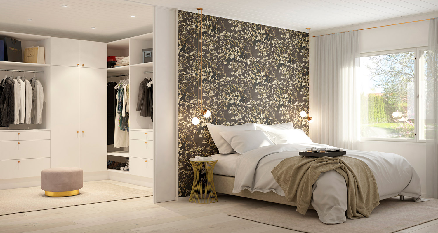 Ainoati Fiksu-talomalliston walk in closet eli tilava vaatehuone ja makuuhuone