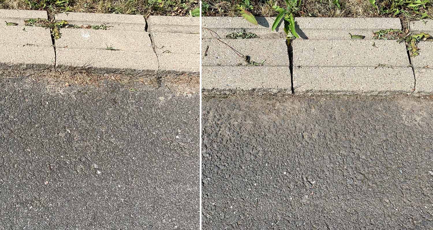 Kivetyksen reuna ennen ja jälkeen Ryobin lakaisukoneen käyttämistä