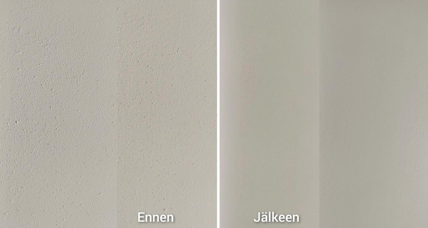 Seinä ennen varsihiomakonetta ja koneella hionnan jälkeen