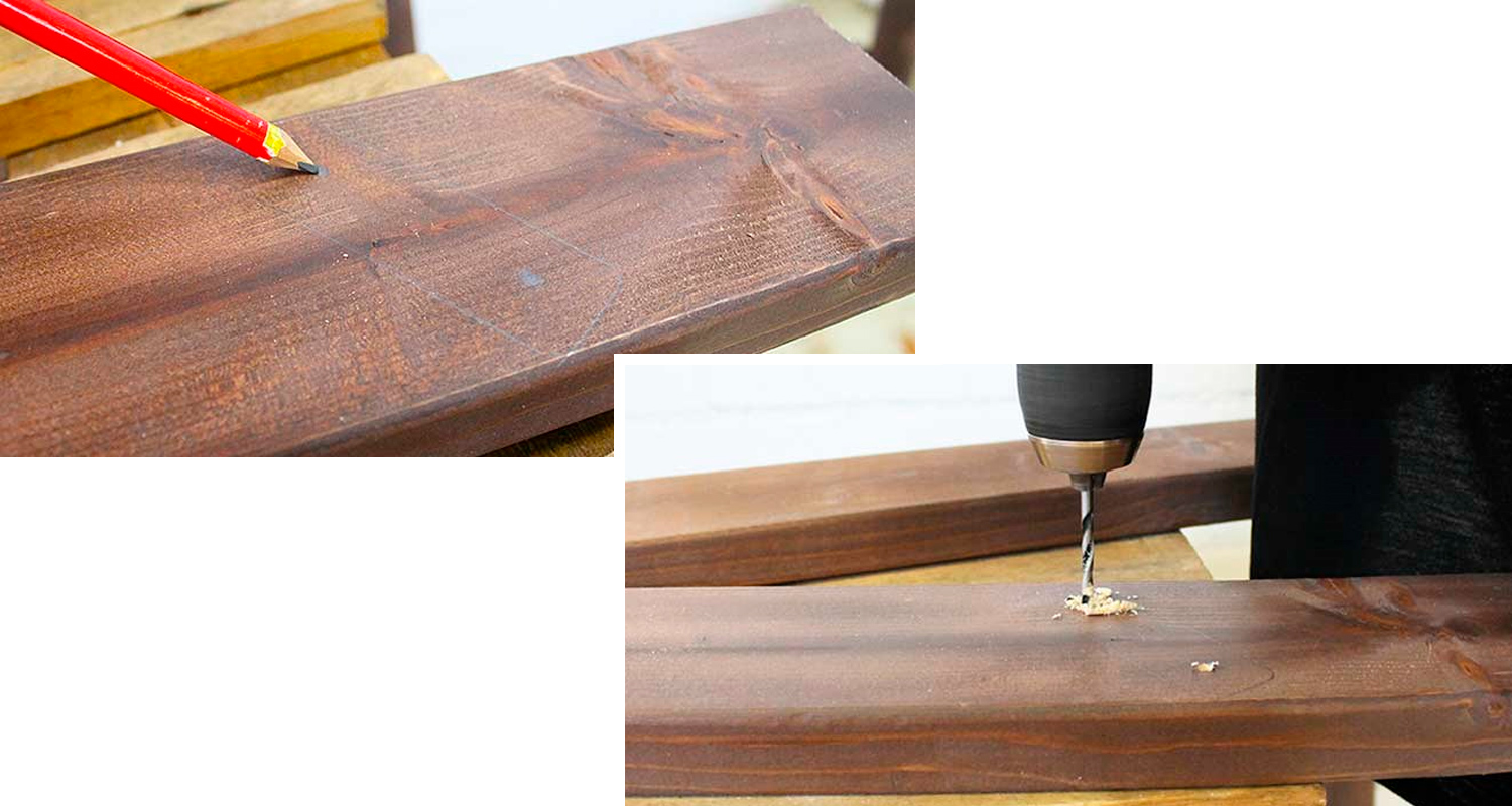 Tummaksi sävytetty lankku, jossa punainen kynä merkitsee viivaa ja pora poraa reikää