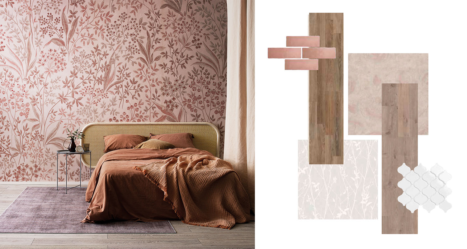 K-Raudan valikoimista vaaleanpunaisia pintamateriaaleja