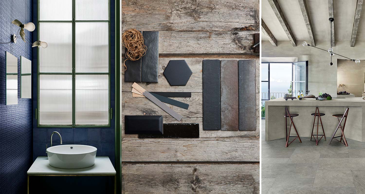 Tummansinistä, mustan eri sävyjä ja vaalean harmahtavaa laatoissa. 