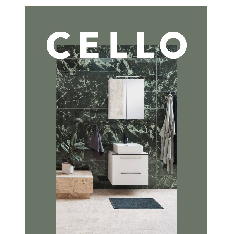 CELLO-logo, moderni kylpyhuone: tummanvihreä marmoriseinä, vaalea lattia, valkoinen allaskaappi