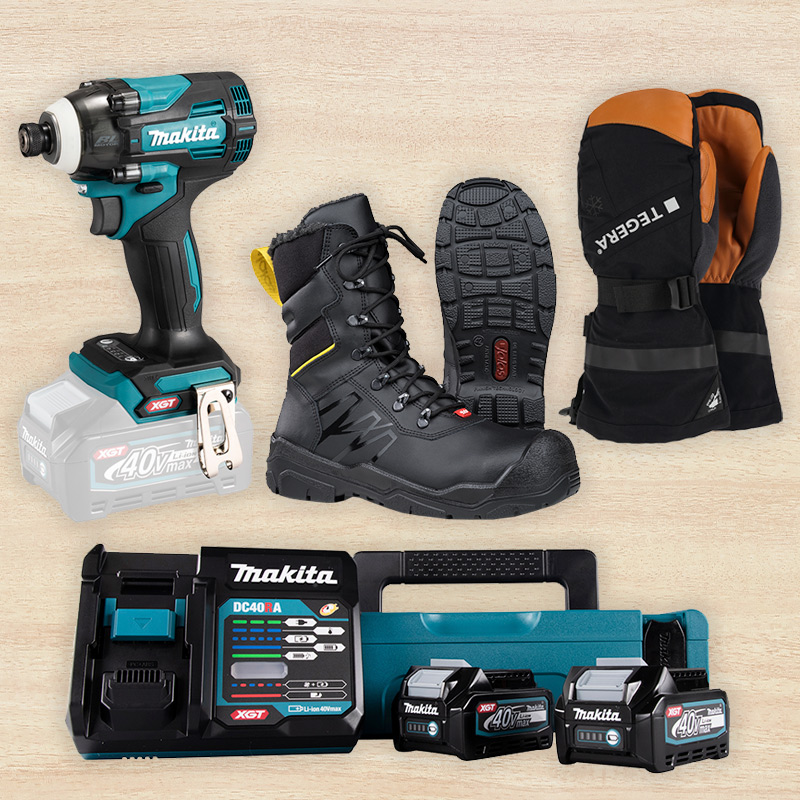 Testaajalle paketti, jossa: Makitan iskevä ruuvinväännin, Jalas-turvakengät, Tegera-talvikäsineet ja Makitan akku-laturipaketti.