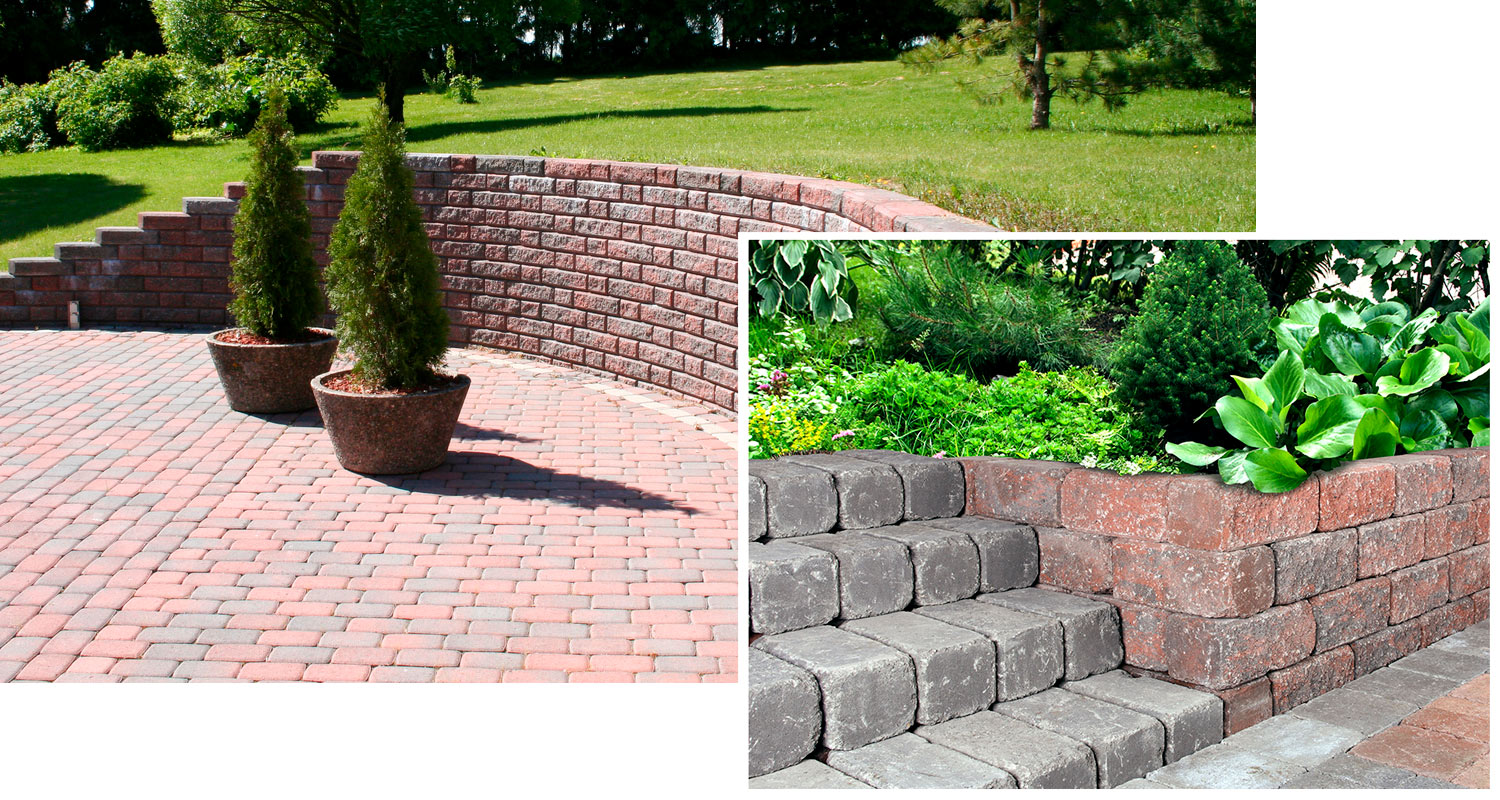 Punatiilimuuri ja harmaa-punaharmaa laatoitus, kaksi ruukkukuusta, vihreä istutusallas portaineen