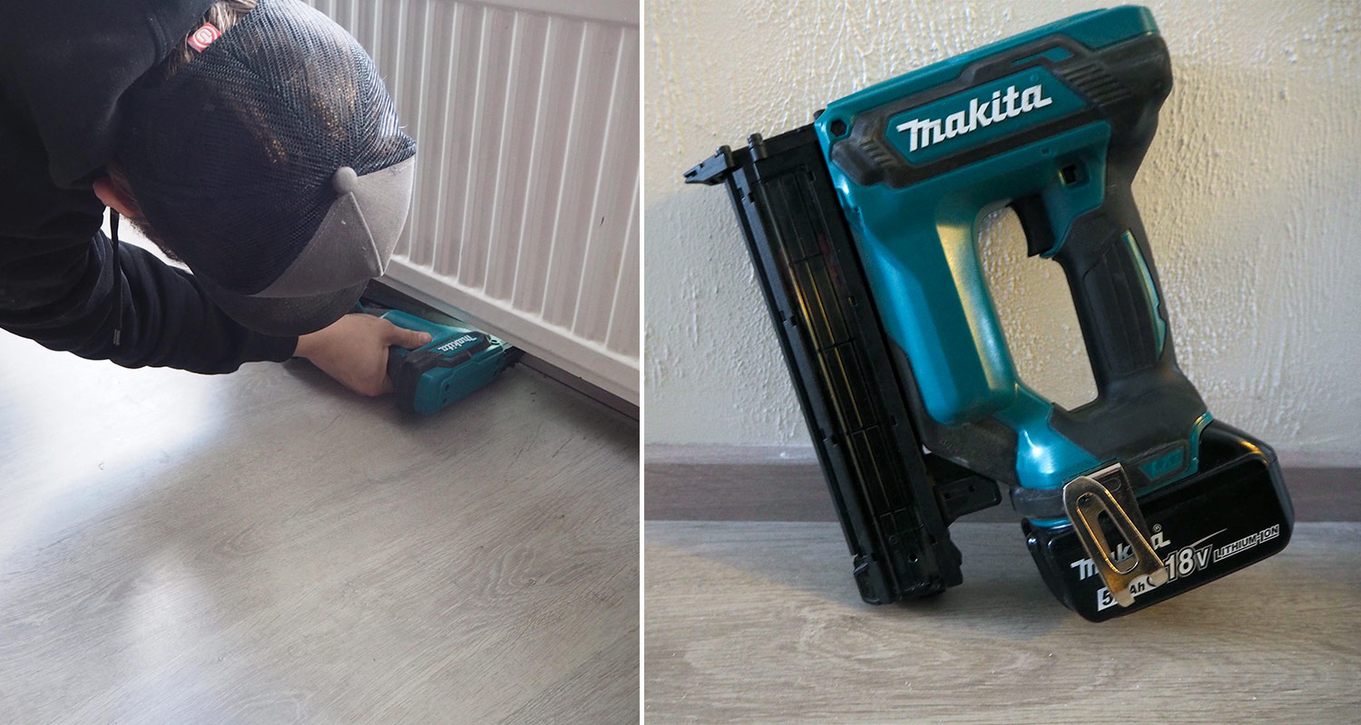 Ammattilainen asentaa listaa paikalleen Makitan viimeistelynaulaimen avulla. 