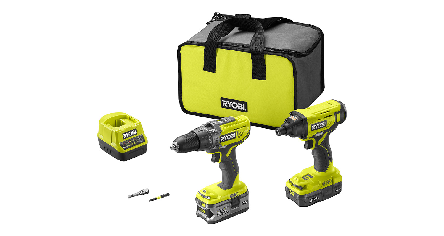 Keltamusta Ryobi-kantolaukku, akkuporakone, iskuporakone, laturi ja akut.